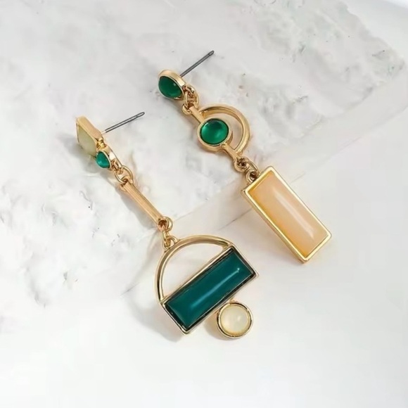 Anthropologie Gold and Green Asymmetrical Geometric Earrings - Picture 6 of 11